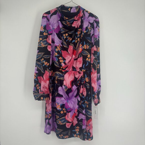 Donna Morgan High Asymmetric Neck Long Sleeve Mini Dress Lillies Black/Lilac 14 - Picture 2 of 8